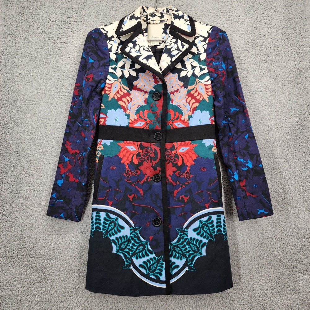 Elevenses Anthropologie‎ Floral Kaleidoscope Print Trench Coat Jacket Size 00